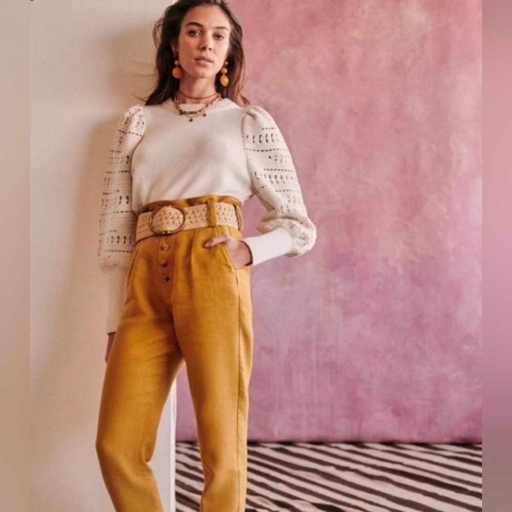 Sezane Mustard High-Waisted Button Fly Linen Blend Pants Size 36 (Small/4)